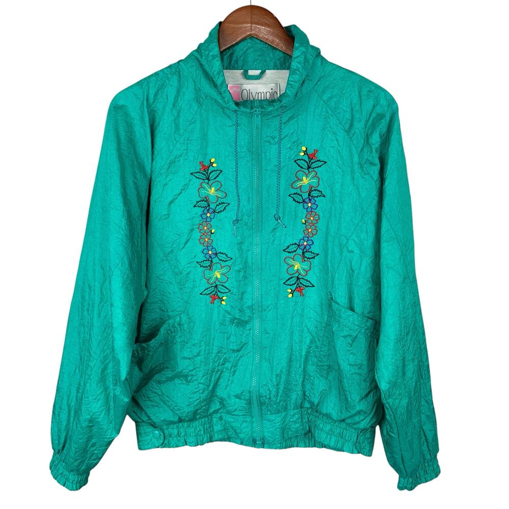 Vintage Olympic Exposure Windbreaker Jacket Green Embroidered Flowers Women's M